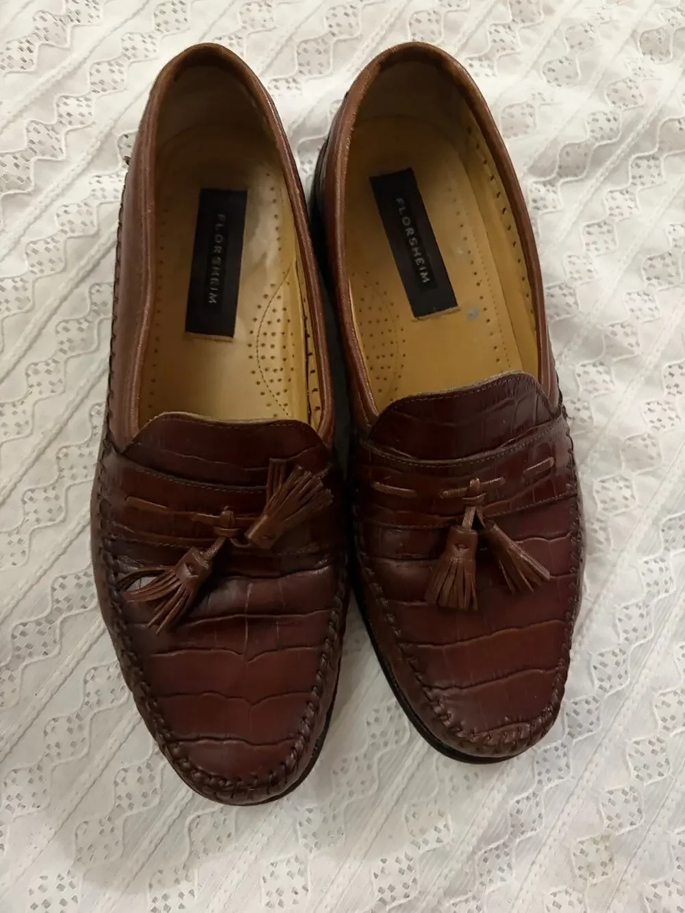 Florsheim Men's 10D Brown Croc Embossed Leather Tassel Loafers Dress Shoes